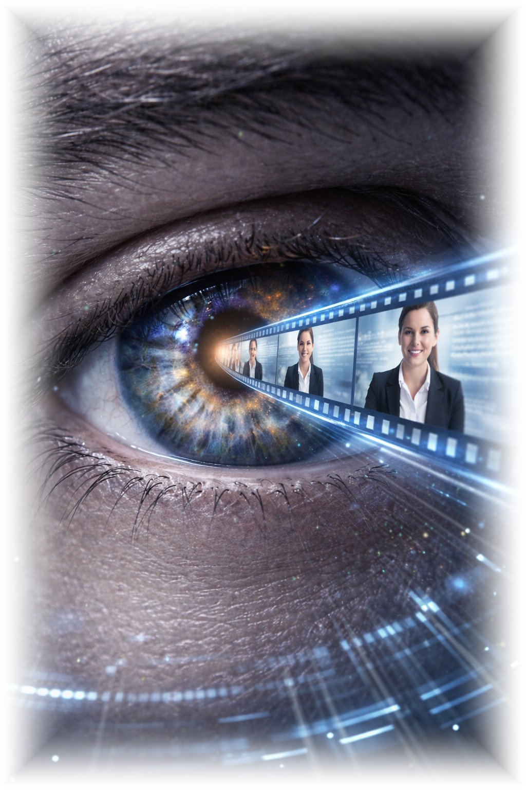 A human eye with a filmstrip of professional candidates streaming out of the iris — the EyeStream concept